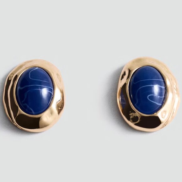 Mango Gold & Blue Oval Bead Earrings/NWT - Picture 1 of 10